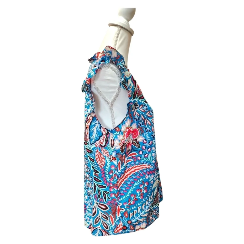 Talbots Botanical Paisley Ruffle Trim Shell Teal Turquoise Pink Floral, Medium - Picture 7 of 13